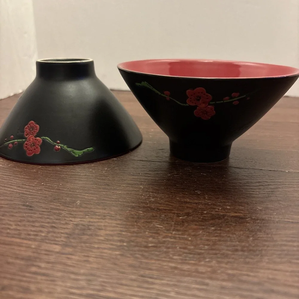 Pier 1 Matte Black Red Cherry Blossom Rice Bowls Set of 2 Ceramic Asian Style